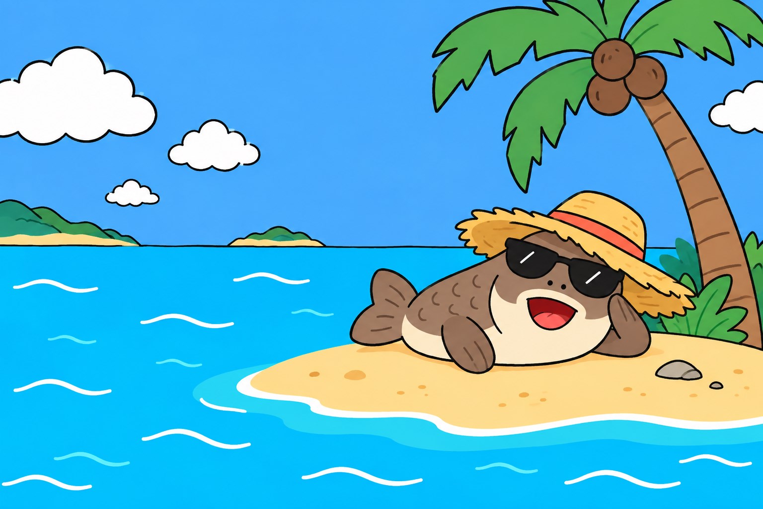 uoaoa in a straw hat, lying lazily beneath a wonky palm tree on a tiny tropical island