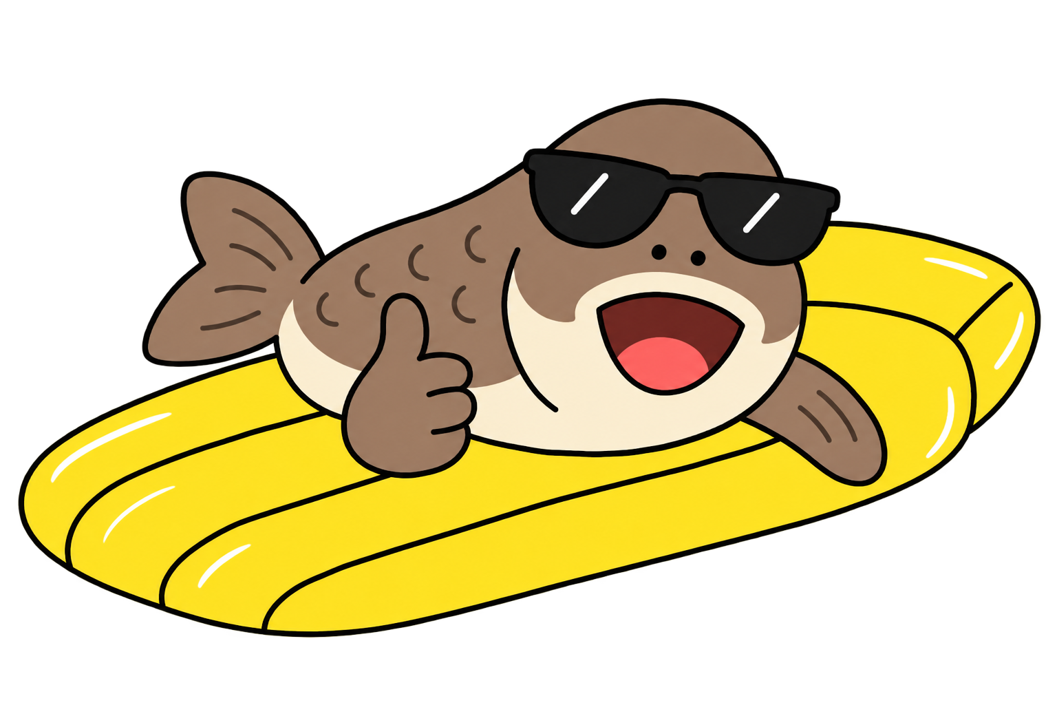 uoaoa, a happy brown fish in sunglasses, giving a thumbs-up on a yellow inflatable