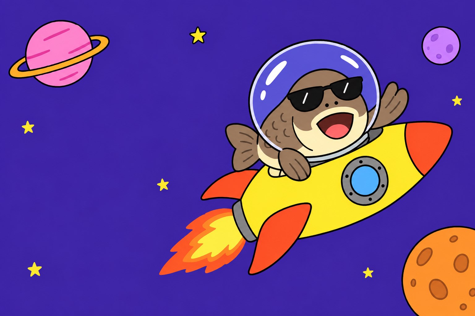 uoaoa waves from a yellow rocket in outer space, wearing a bubble helmet over his sunglasses